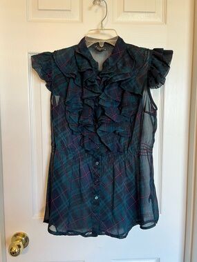 Women’s M Sheer Ruffled Plaid Blouse